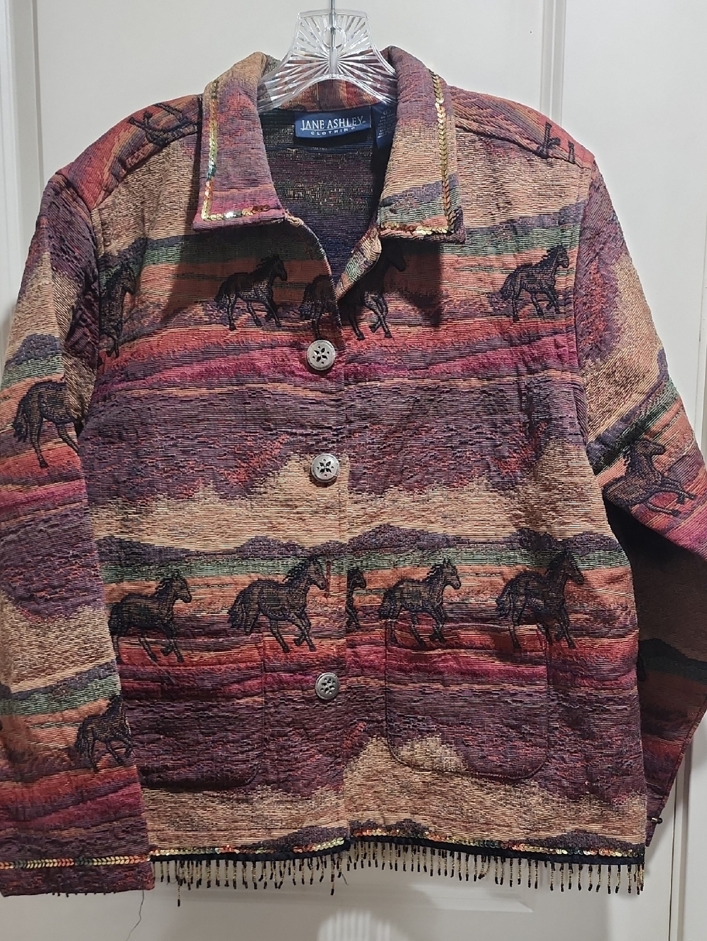 Vintage Jane Ashley Horse Tapestry Jacket Western Fringe Southwestern  Size L